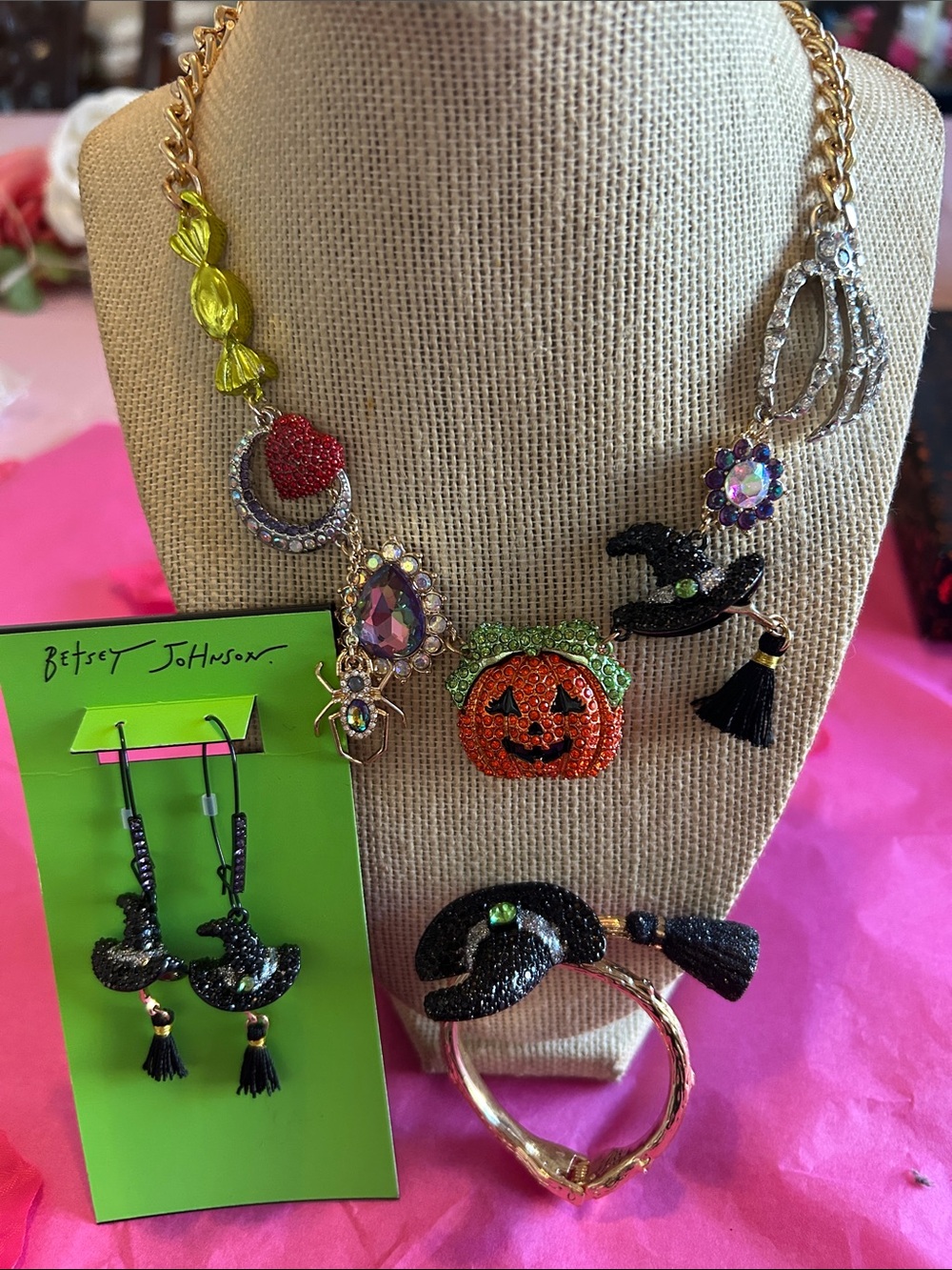 Betsey Johnson Orange Pumpkin and Multicolor Halloween Charm Necklace Set
